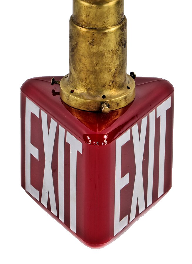hard to find all original three-sided american industrial ruby red glass early 1930's oversized triangular-shaped illuminated exit light with baked white enameled lettering