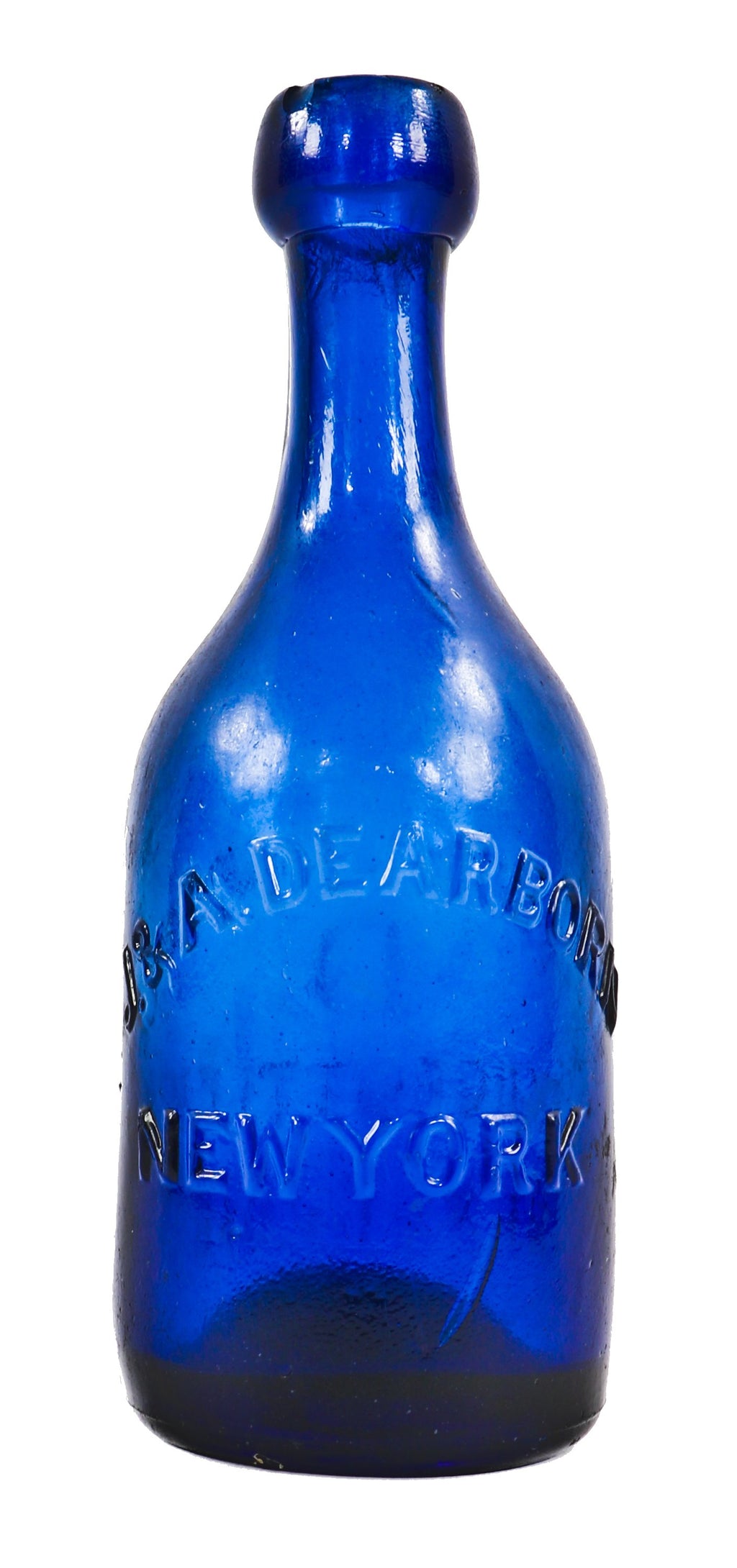all original hard to find c. 1849-1853 dark cobalt blue iron-pontiled privy dug soda bottle manufactured for john and alexander dearborn in new york.
