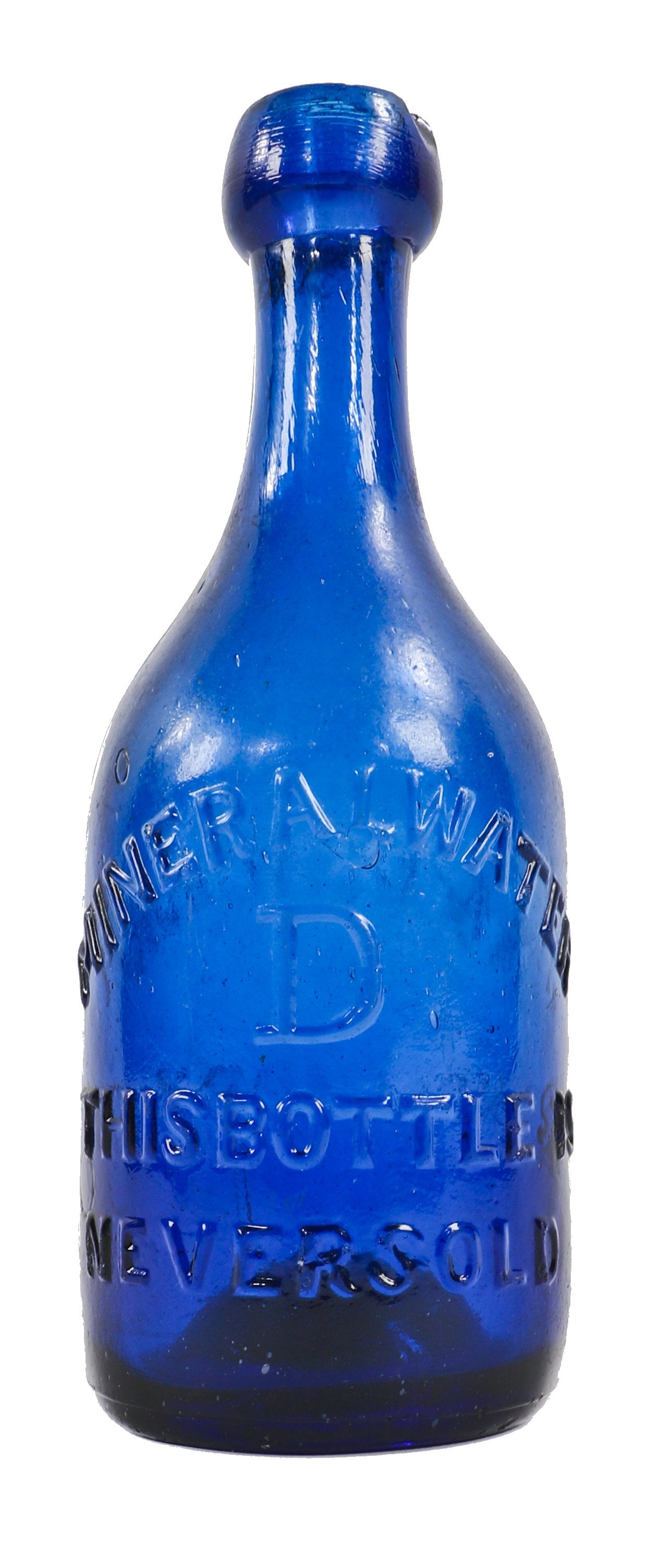 all original hard to find c. 1849-1853 dark cobalt blue iron-pontiled privy dug soda bottle manufactured for john and alexander dearborn in new york.