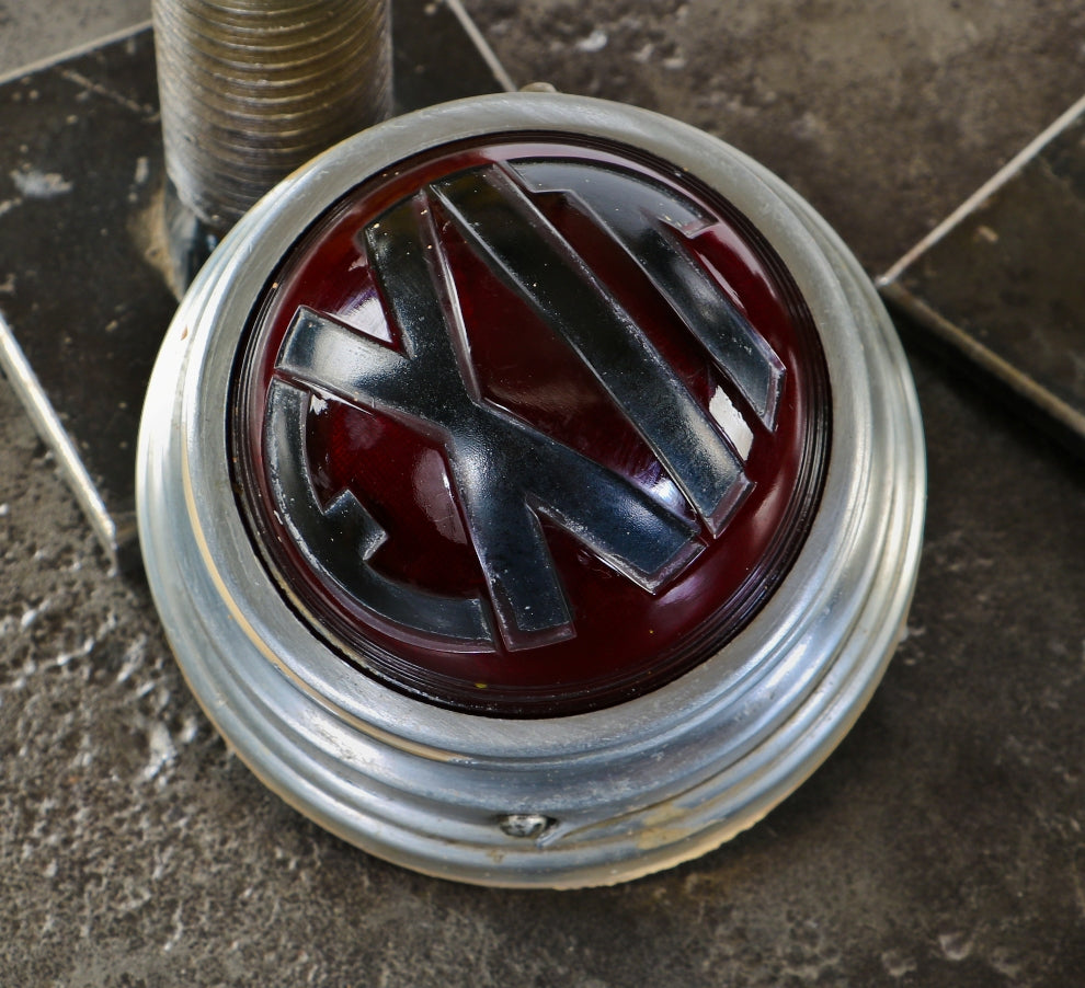 remarkable all original art deco wall-mount illuminated exit light fixture with ruby red circular convex glass inset and etched black lettering