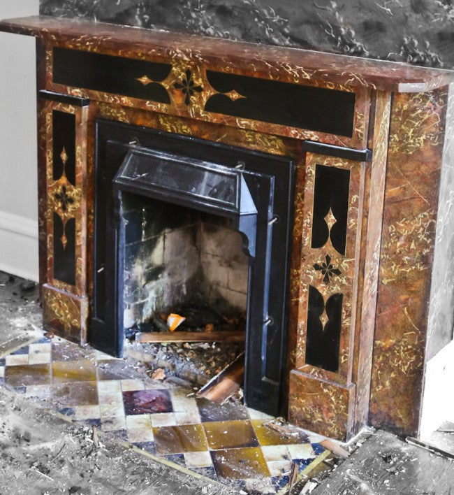 all original and completely intact 19th century american eastlake style marbleized slate interior residential fireplace mantle with richly colored polychromatic finish