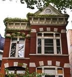 oversied 1880s american victorian era galvanized sheet iron exterior residential circular-shaped "sunburst" roofline cornice rondel with crazed white paint