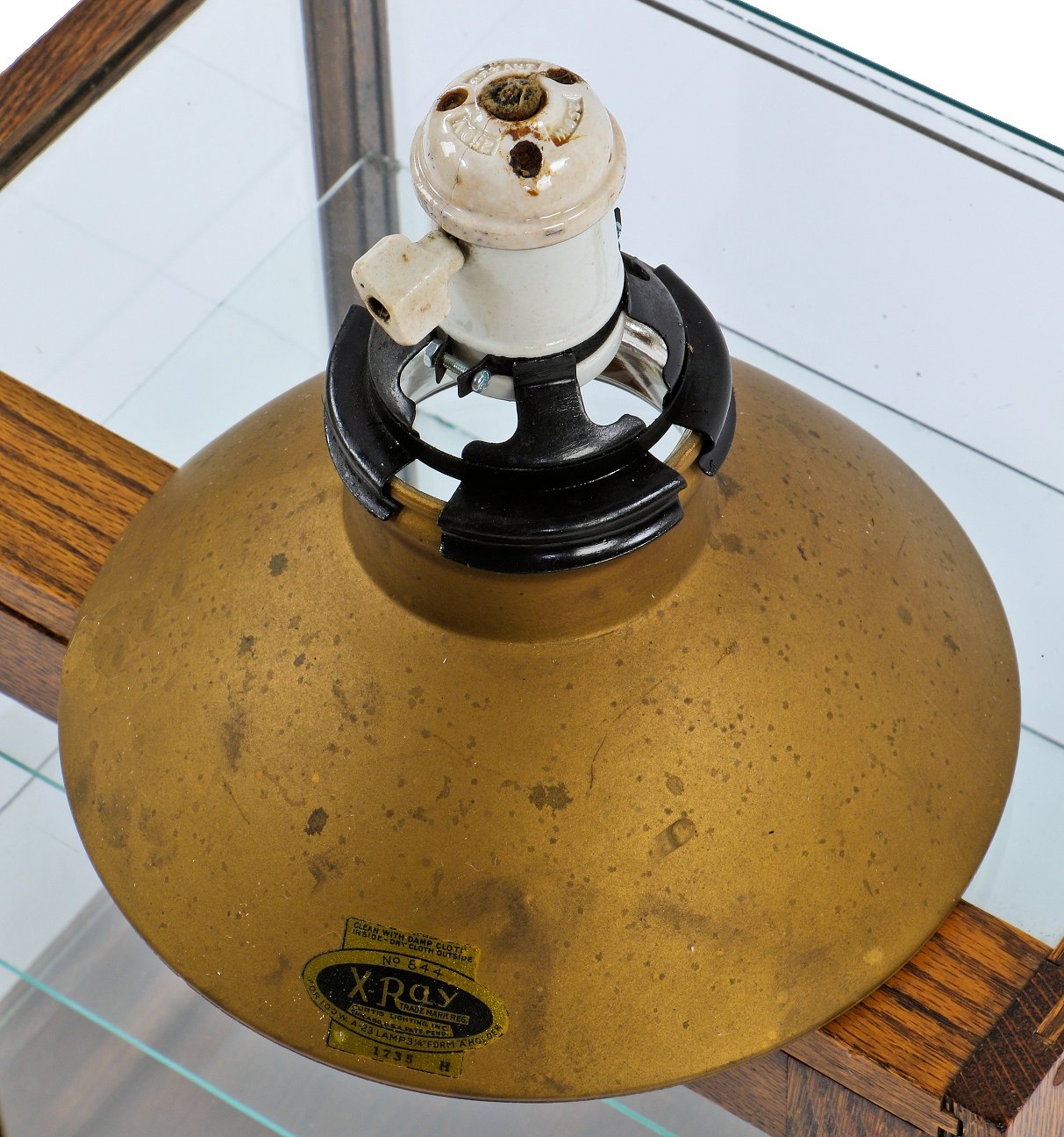 one of four matching all original antique american industrial diminutive gold enameled "mercury glass" x-ray pendant light fixture with ceramic socket and braided cord