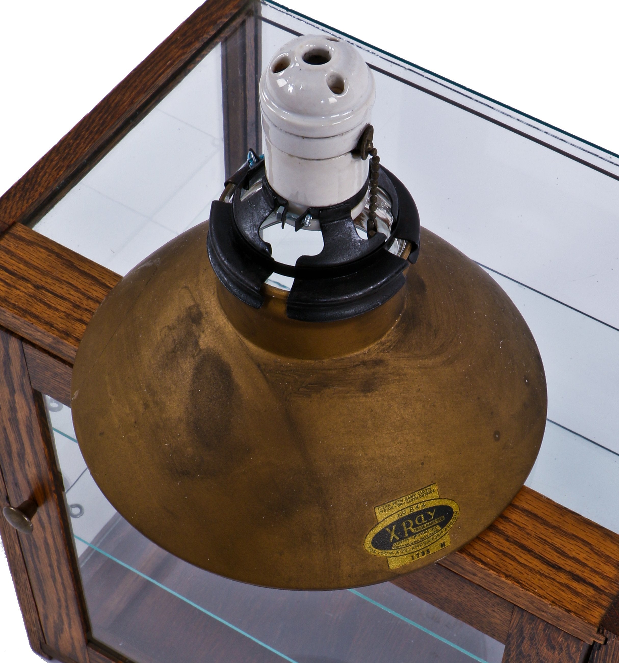 remarkably intact and all original single gold enameled curtis x-ray "model 844" diminutive pendant light fixture with fully functional ceramic socket and braided lamp cord