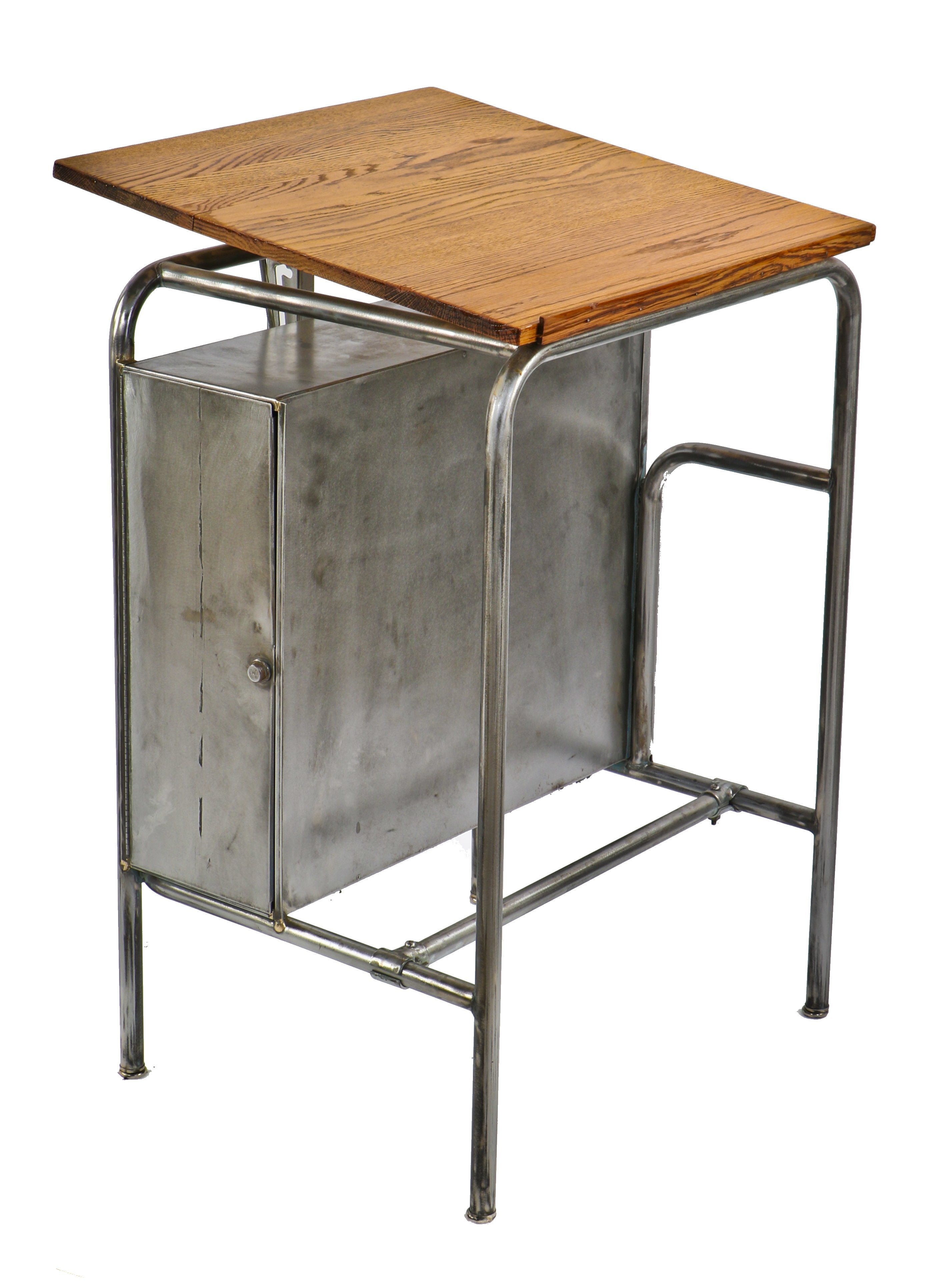 original c. 1940's refinished american industrial stationary bent tubular brushed steel adjustable draftsman workstation with solid oak wood tabletop and side compartment