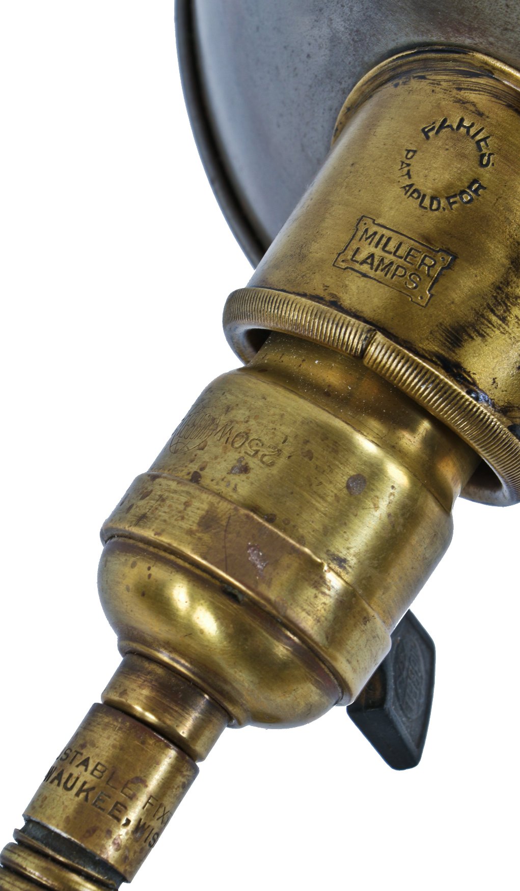 early 20th century refinished american industrial brushed steel and yellow brass factory office table lamp with adjustable gooseneck arm and rolled rim shade