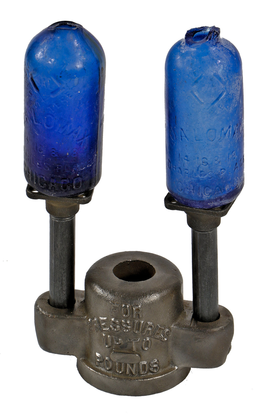 repurposed antique american industrial brushed cast iron grease trap valve cover or hood display stand with two threaded steel pipes to support various objects