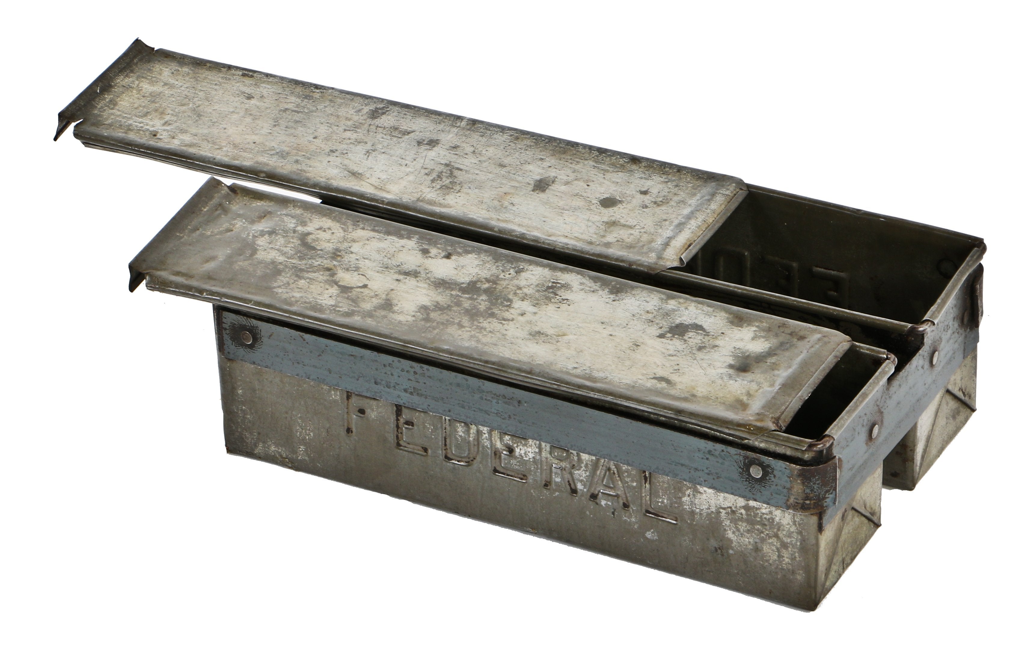 original unusual antique industrial early 20th century "federal" brand steel bank vault security rectangular boxes or multi-compartment containers with sliding top lids.