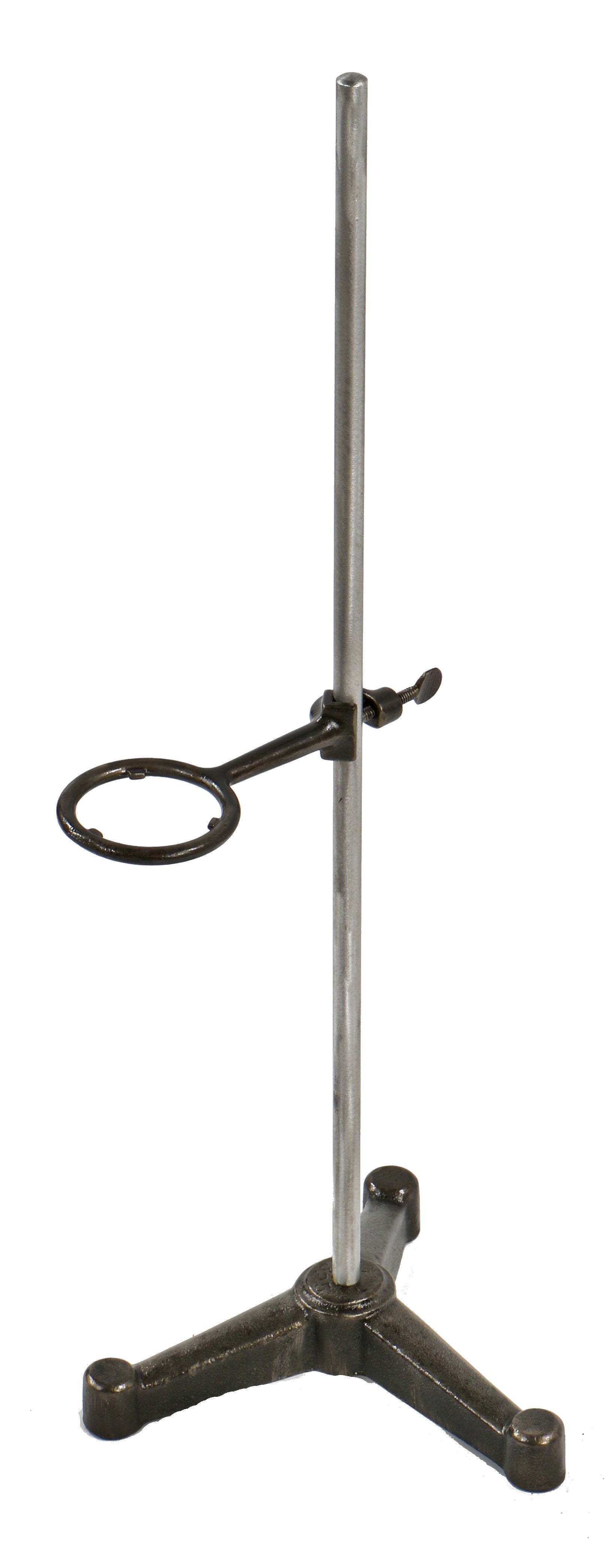 completely refinished diminutive antique american industrial late 1920's research laboratory retort stand with desirable three-legged cast iron base