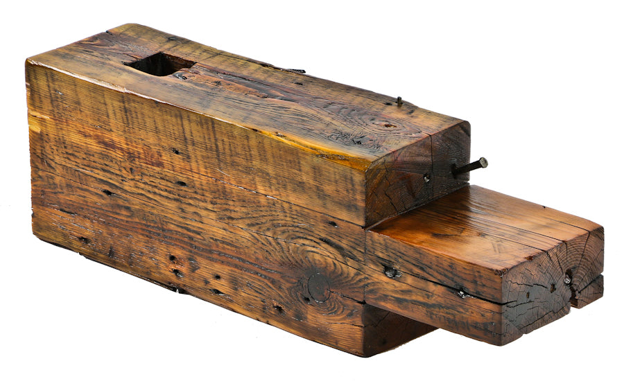 oversized circular-sawn 19th century decommissioned chicago balloon frame old growth pine wood structural sill plate beam segment with a hand-chiseled tenon