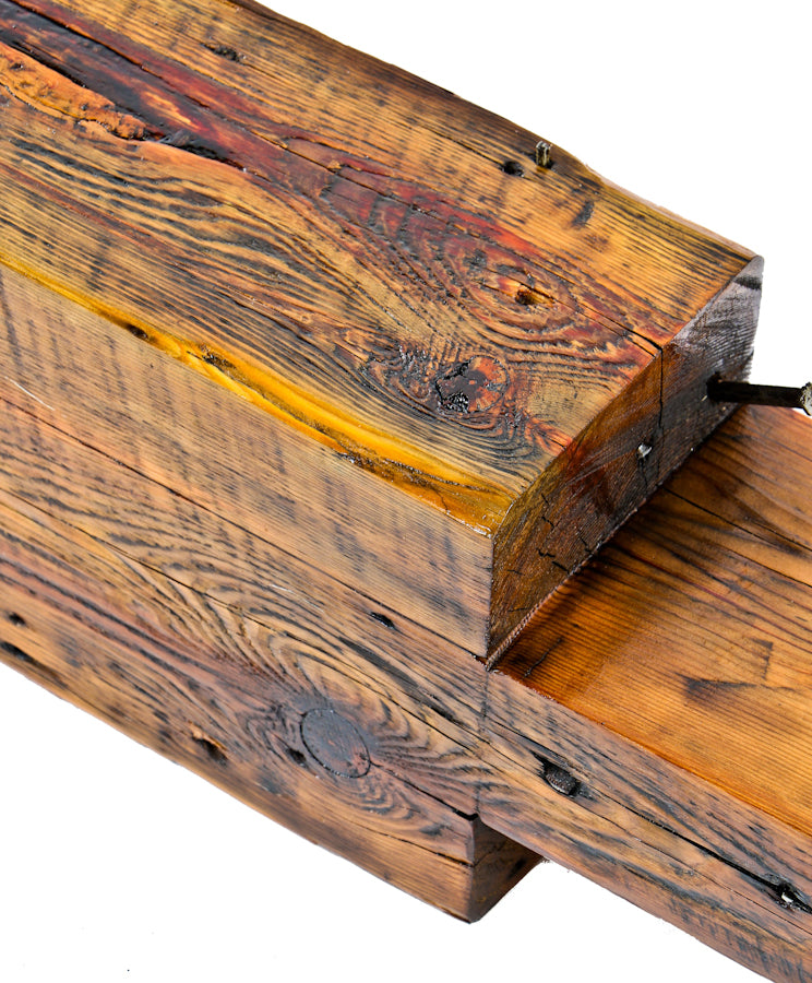 oversized circular-sawn 19th century decommissioned chicago balloon frame old growth pine wood structural sill plate beam segment with a hand-chiseled tenon