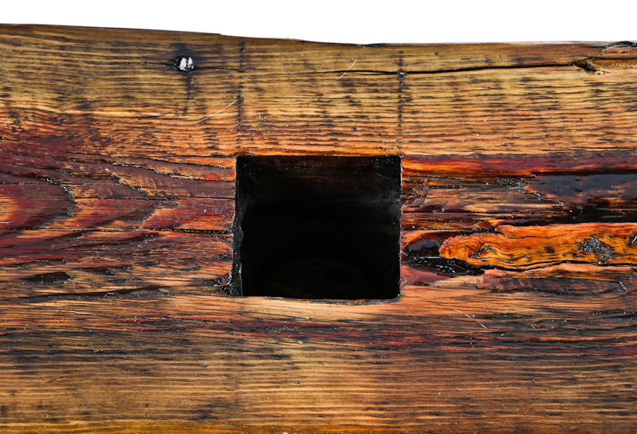 oversized circular-sawn 19th century decommissioned chicago balloon frame old growth pine wood structural sill plate beam segment with a hand-chiseled tenon