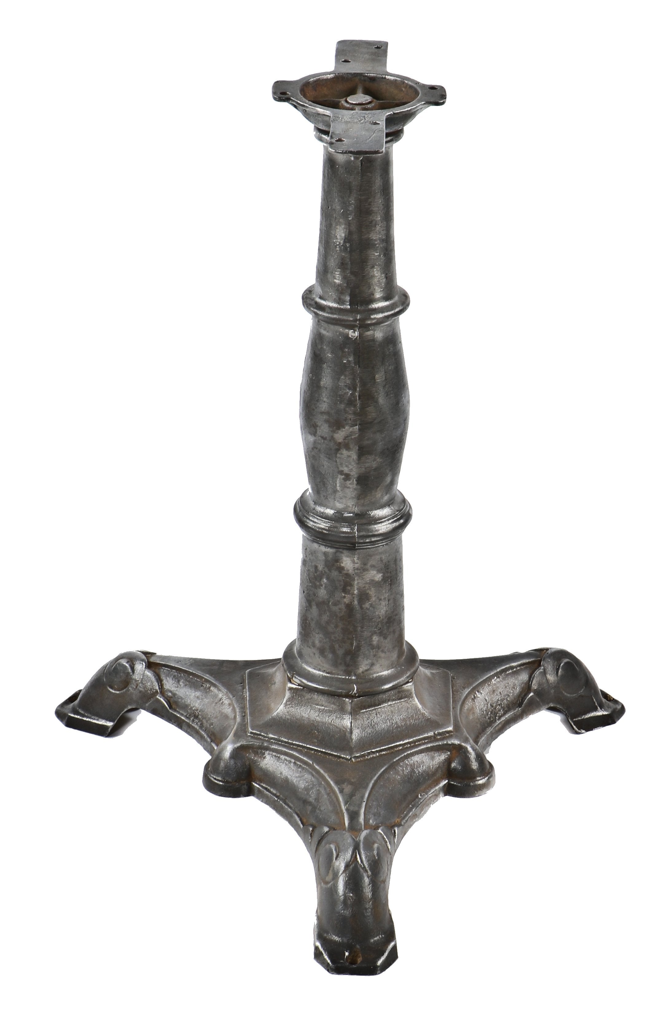 original late 19th century antique american industrial brushed cast iron three-legged saloon pub table stationary base with fanciful feet