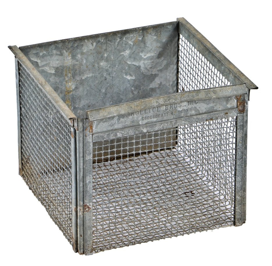 single reinforced antique american late 1930's medical research laboratory galvanized animal cage with a combination of mesh and sheet steel sides