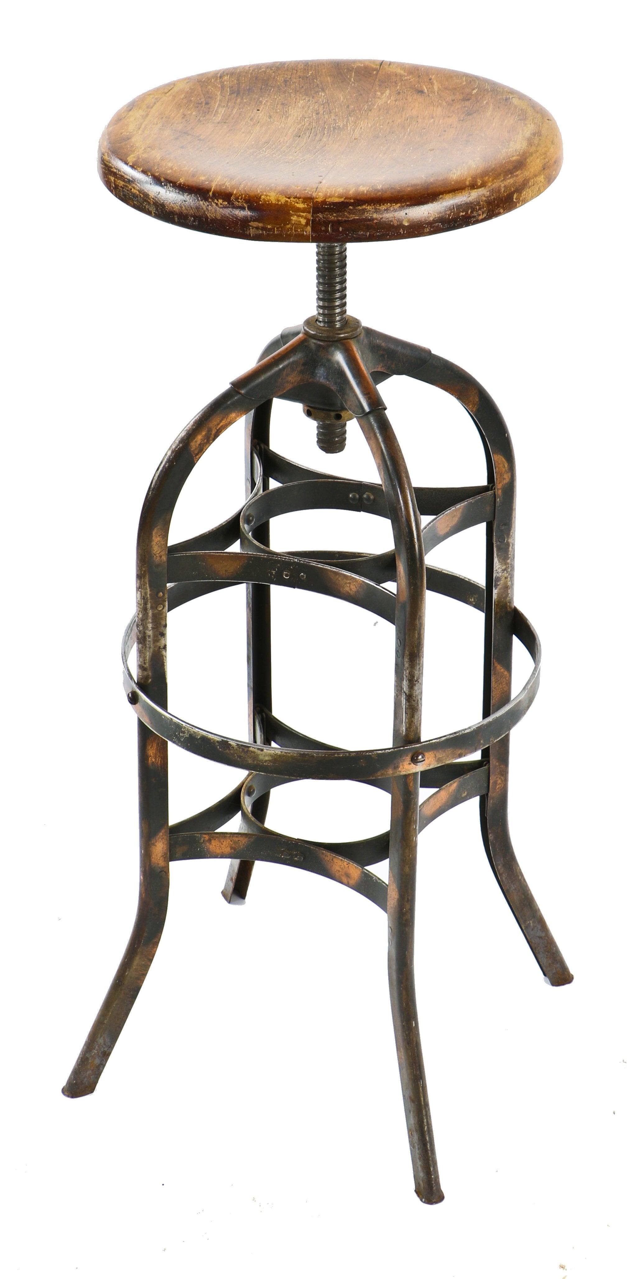 seldom found all original early 20th century american industrial model "no. 621" pressed and formed oxidized copper steel double-spider machine shop revolving stool