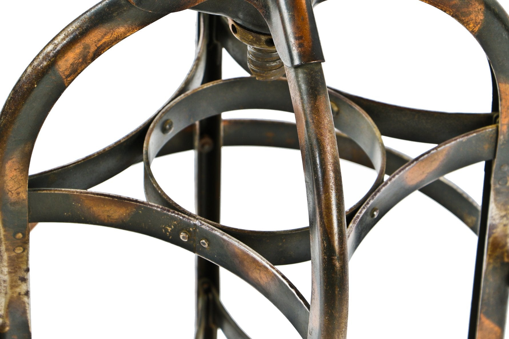 seldom found all original early 20th century american industrial model "no. 621" pressed and formed oxidized copper steel double-spider machine shop revolving stool