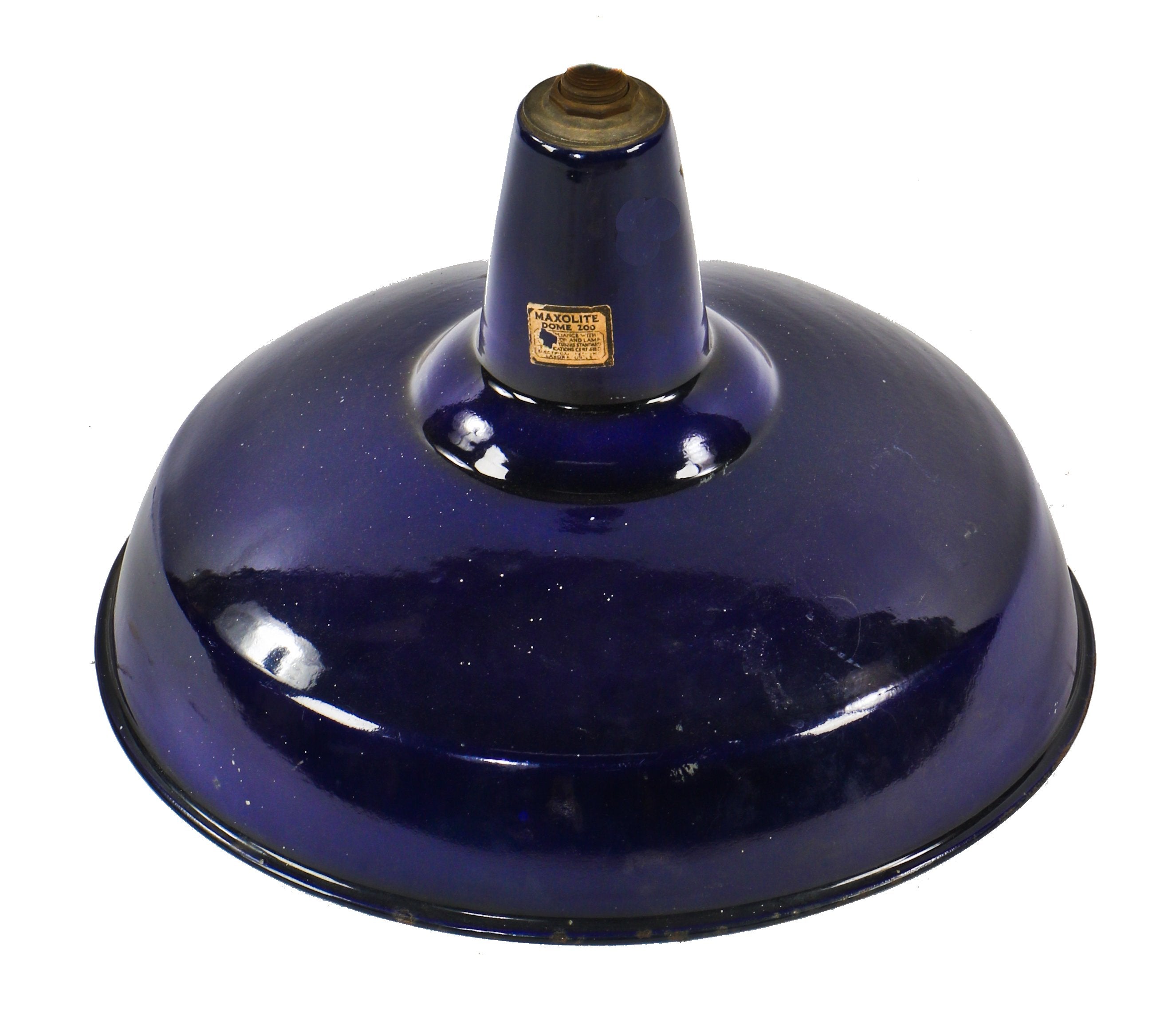 hard to find and highly sought after original industrial antique early twentieth century deep cobalt blue enameled cold rolled steel "maxolite" factory pendant light