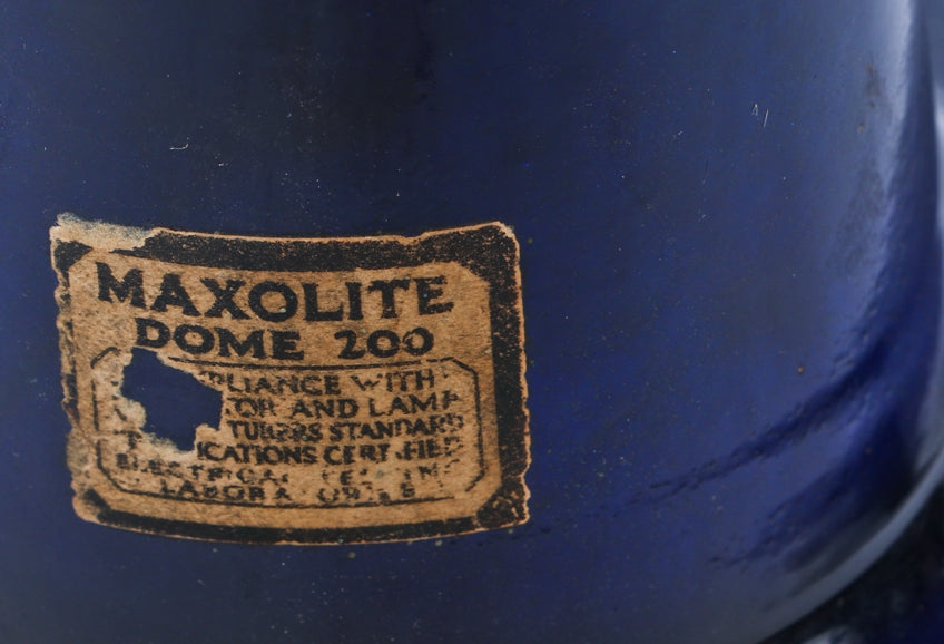 hard to find and highly sought after original industrial antique early twentieth century deep cobalt blue enameled cold rolled steel "maxolite" factory pendant light