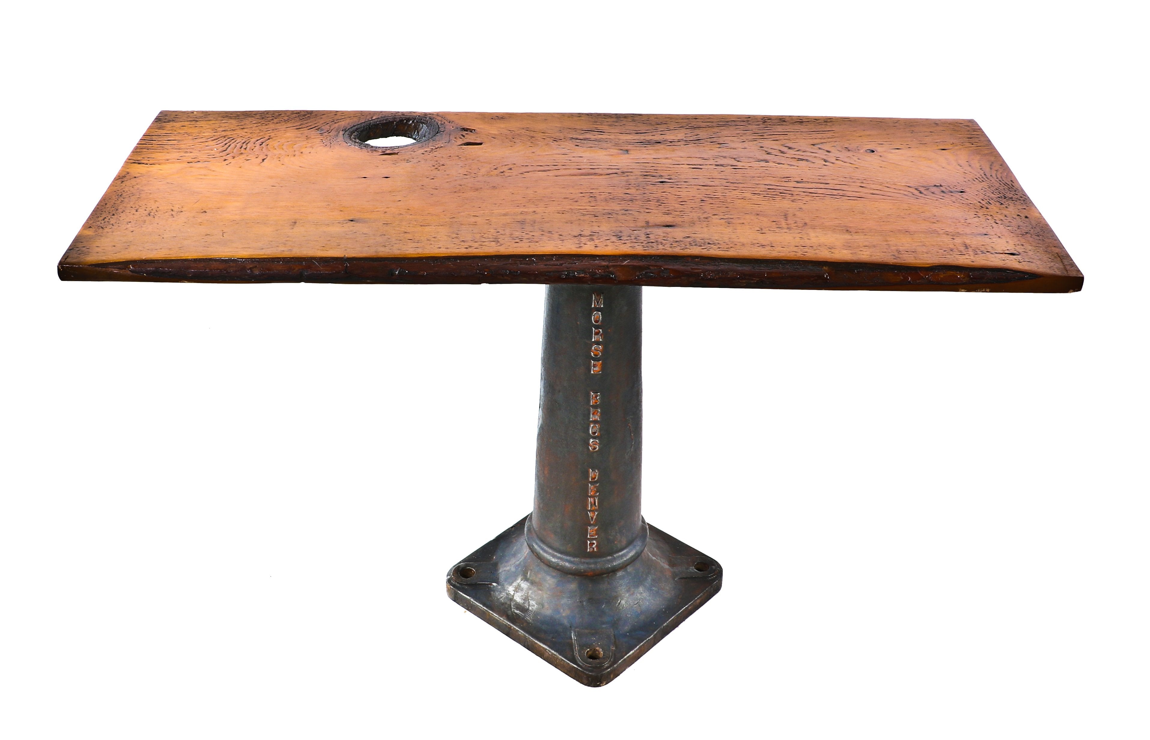 original c. 1930's american depression era single industrial cast iron pedestal style machine base with a brushed metal finish