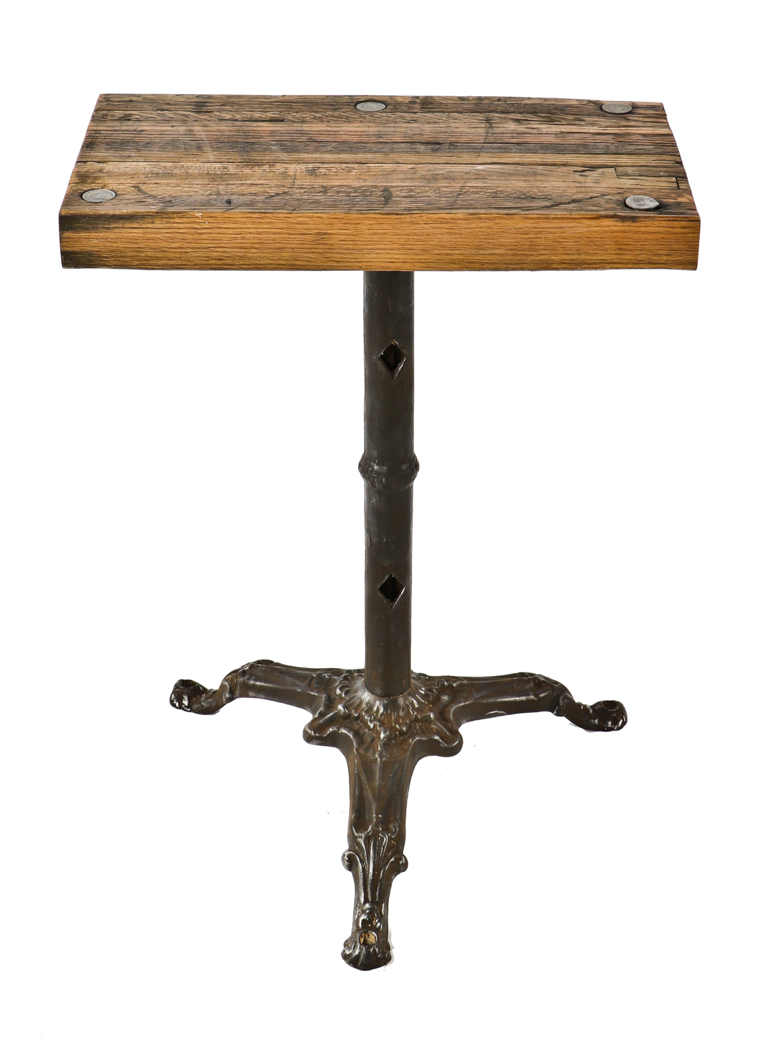 victorian era 19th century antique american three-legged cast iron stationary table base with a uniform brushed iron surface finish