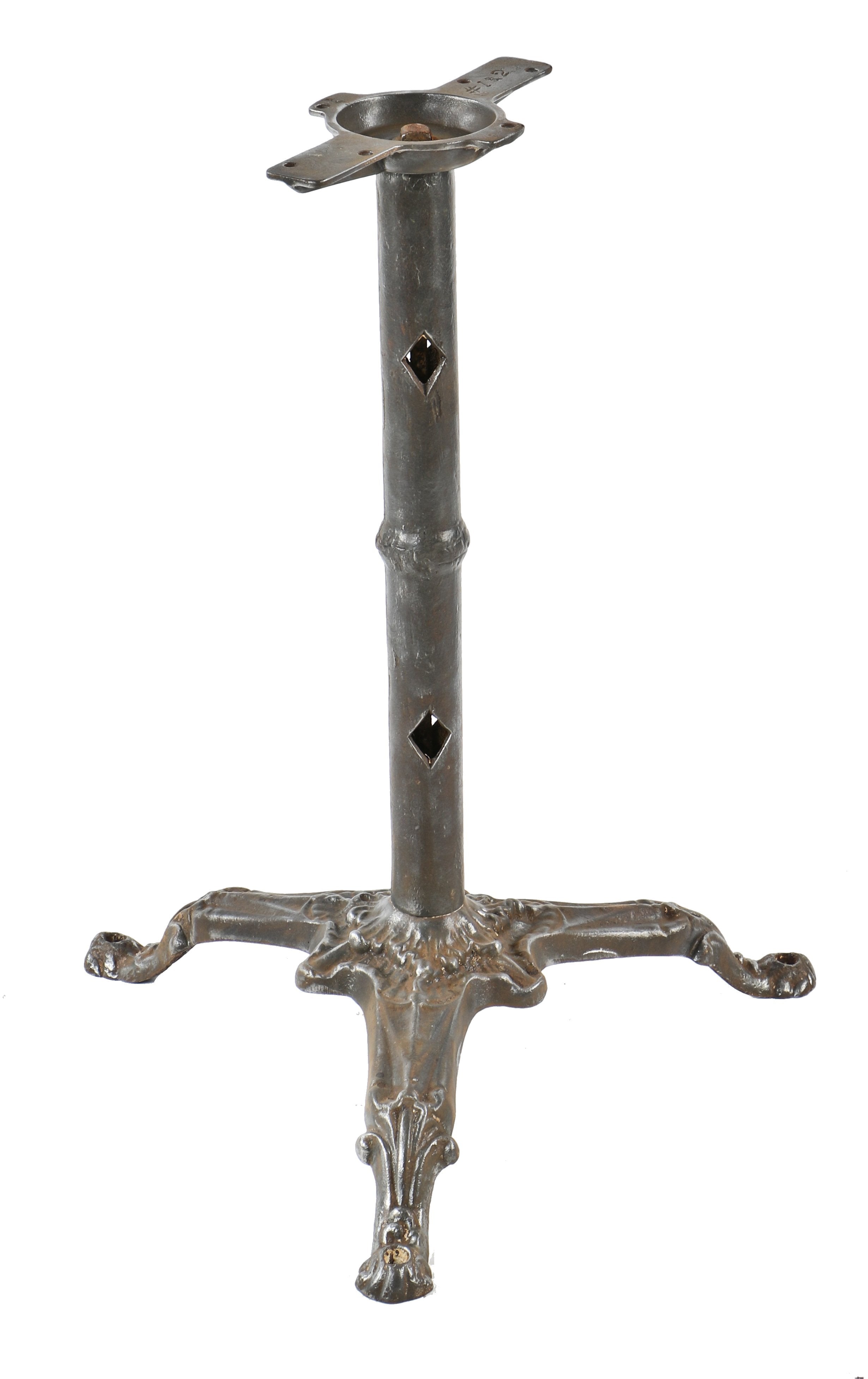 victorian era 19th century antique american three-legged cast iron stationary table base with a uniform brushed iron surface finish