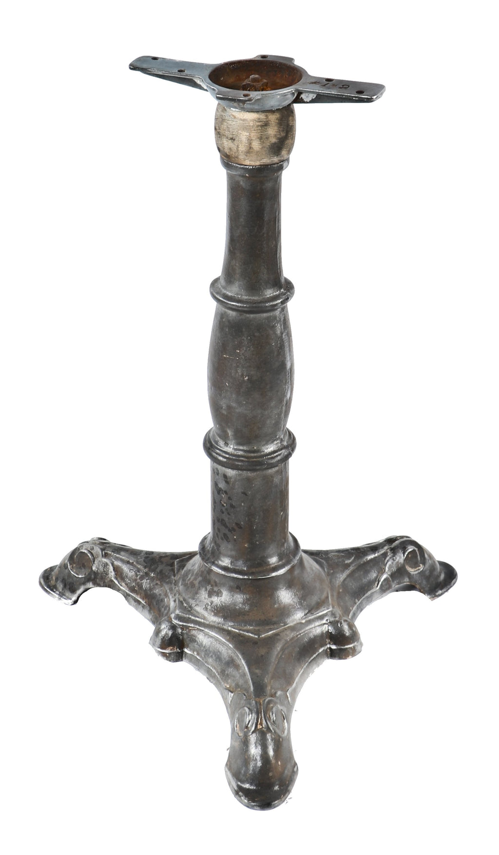 original c. 1880's-1890's antique american industrial refinished stationary three-legged brushed cast iron saloon table base with distinctive pedestal profile
