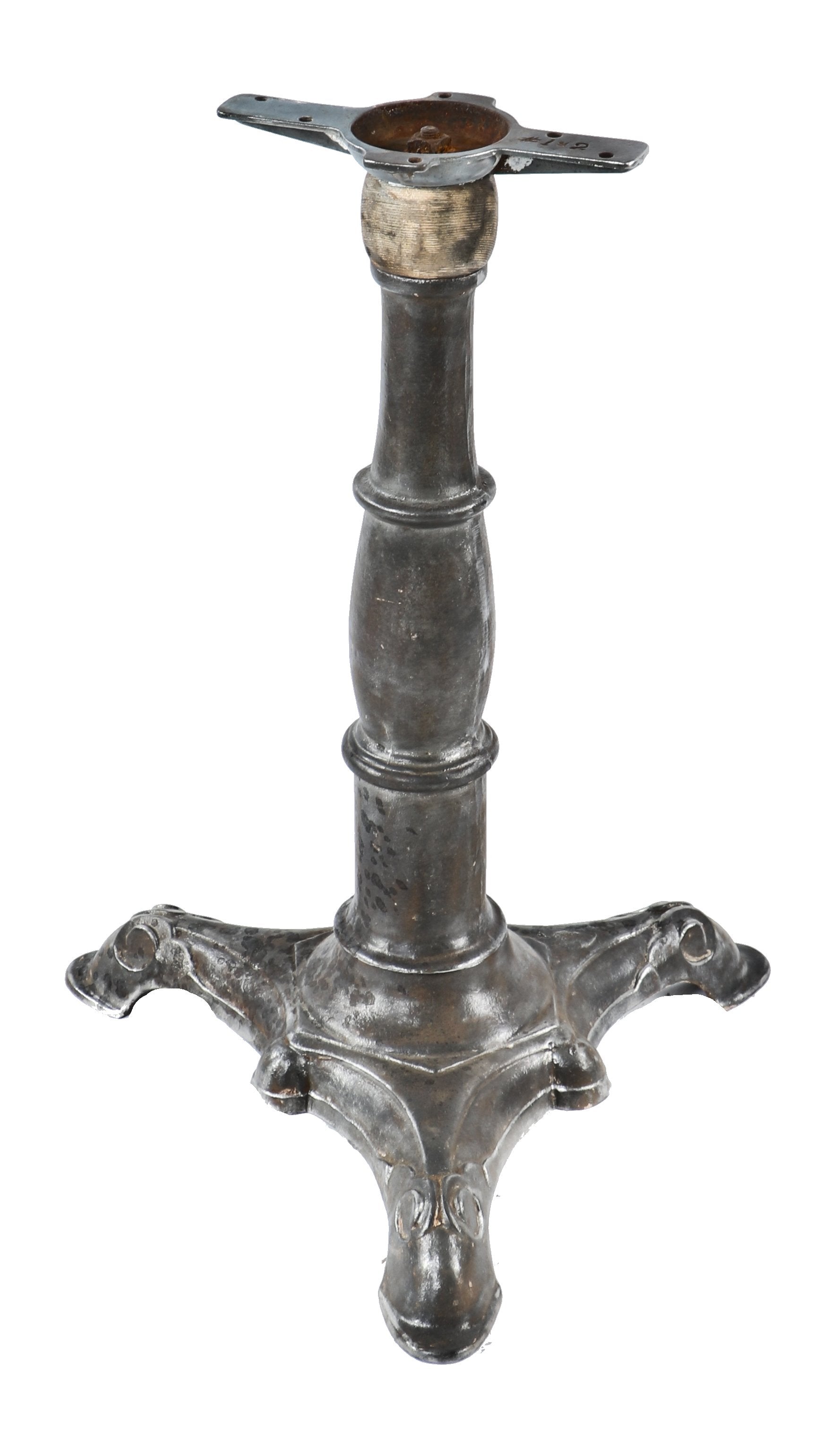 original c. 1880's-1890's antique american industrial refinished stationary three-legged brushed cast iron saloon table base with distinctive pedestal profile