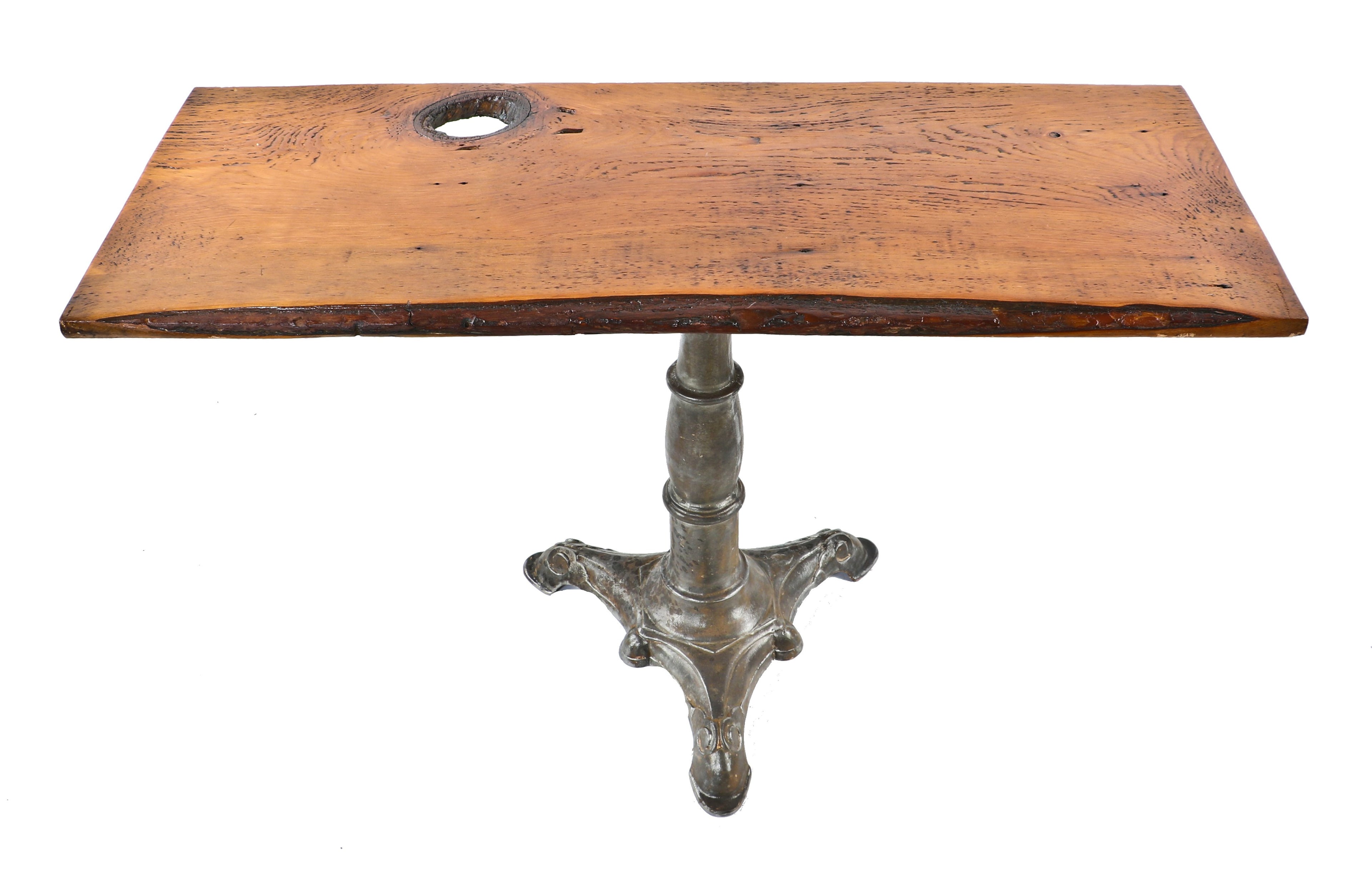 original c. 1880's-1890's antique american industrial refinished stationary three-legged brushed cast iron saloon table base with distinctive pedestal profile