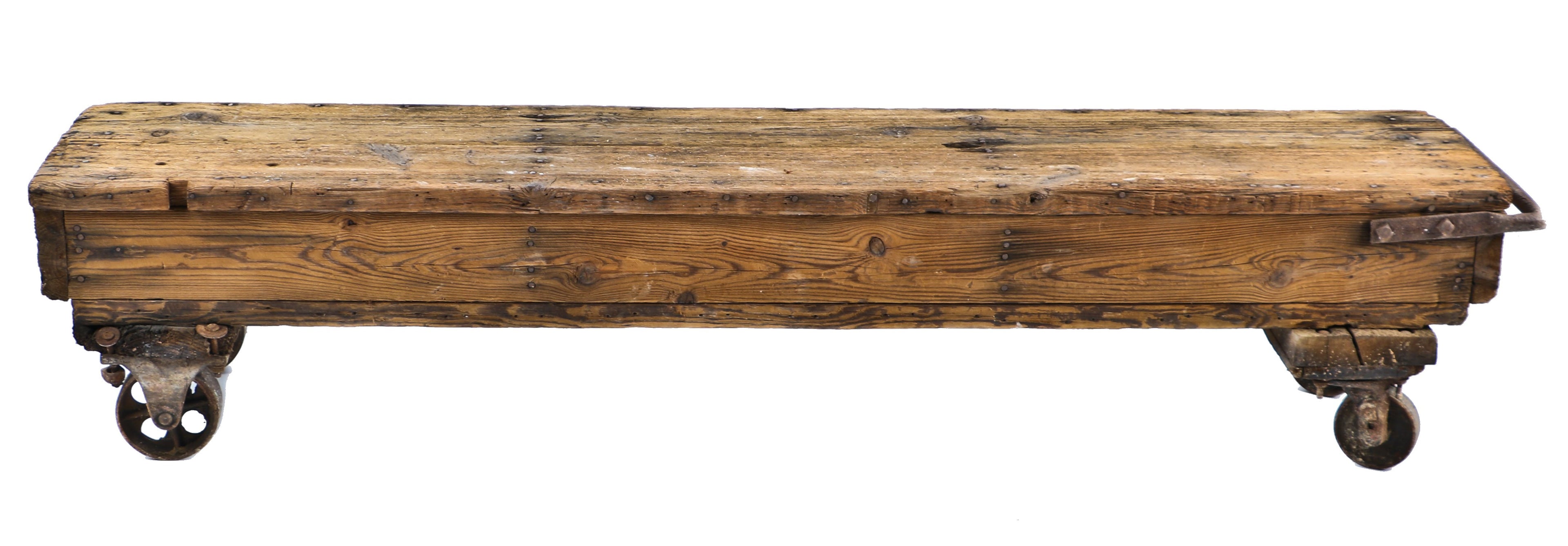 very long oversized antique american industrial robust mobile worn and weathered furniture factory cart and/or bench with swivel and stationary casters