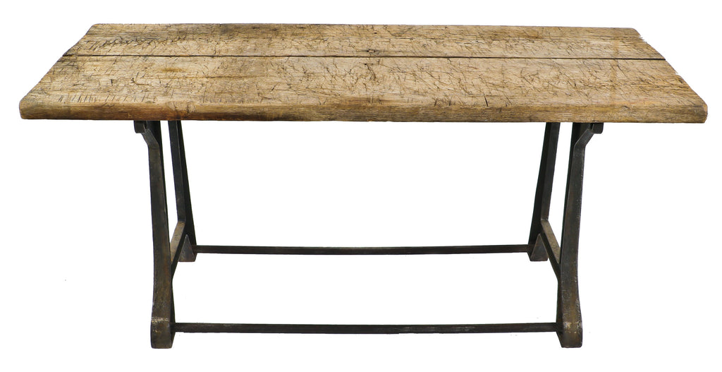 early 20th century antique american industrial reinforced cast iron "simplex" typesetting machine base with a newly added untreated old growth wood top