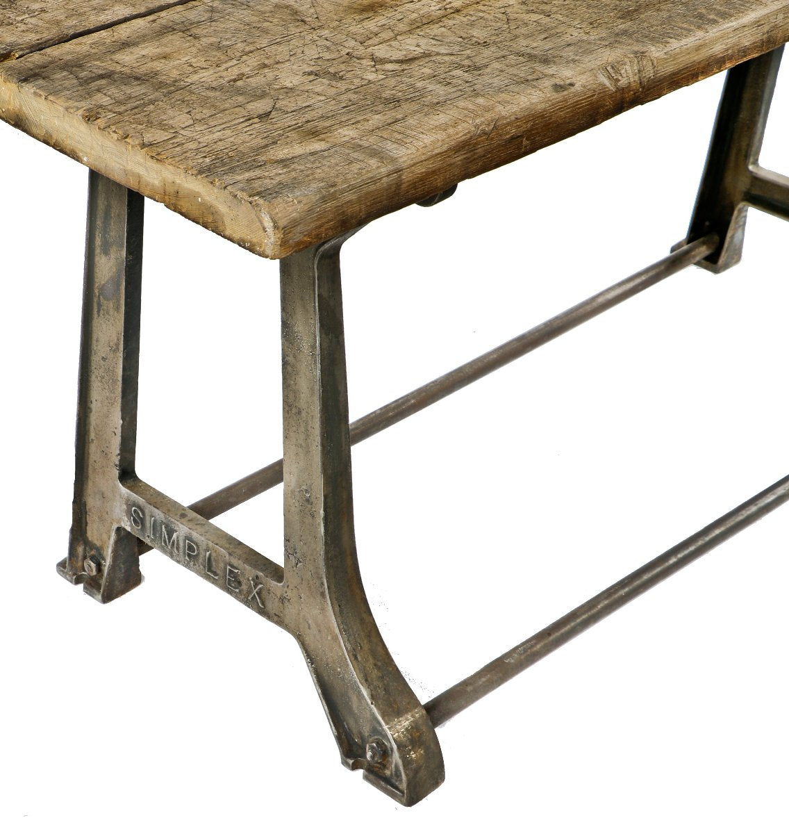 early 20th century antique american industrial reinforced cast iron "simplex" typesetting machine base with a newly added untreated old growth wood top