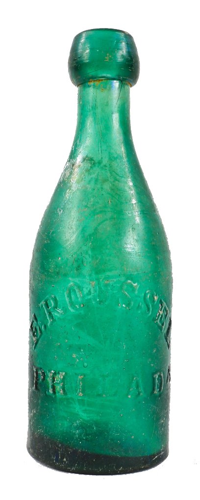 vibrantly colored original and intact c. 1860's civil war era emerald green glass applied blobtop soda bottle manufactured for philadelphia bottler eugene roussel