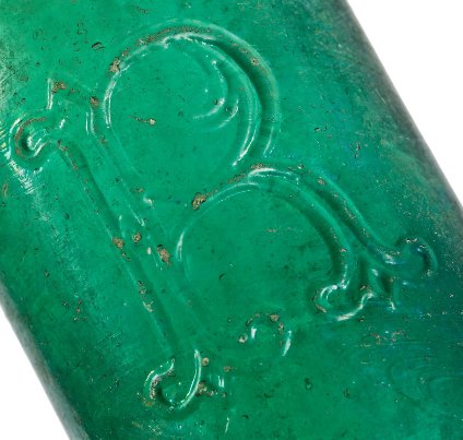 vibrantly colored original and intact c. 1860's civil war era emerald green glass applied blobtop soda bottle manufactured for philadelphia bottler eugene roussel