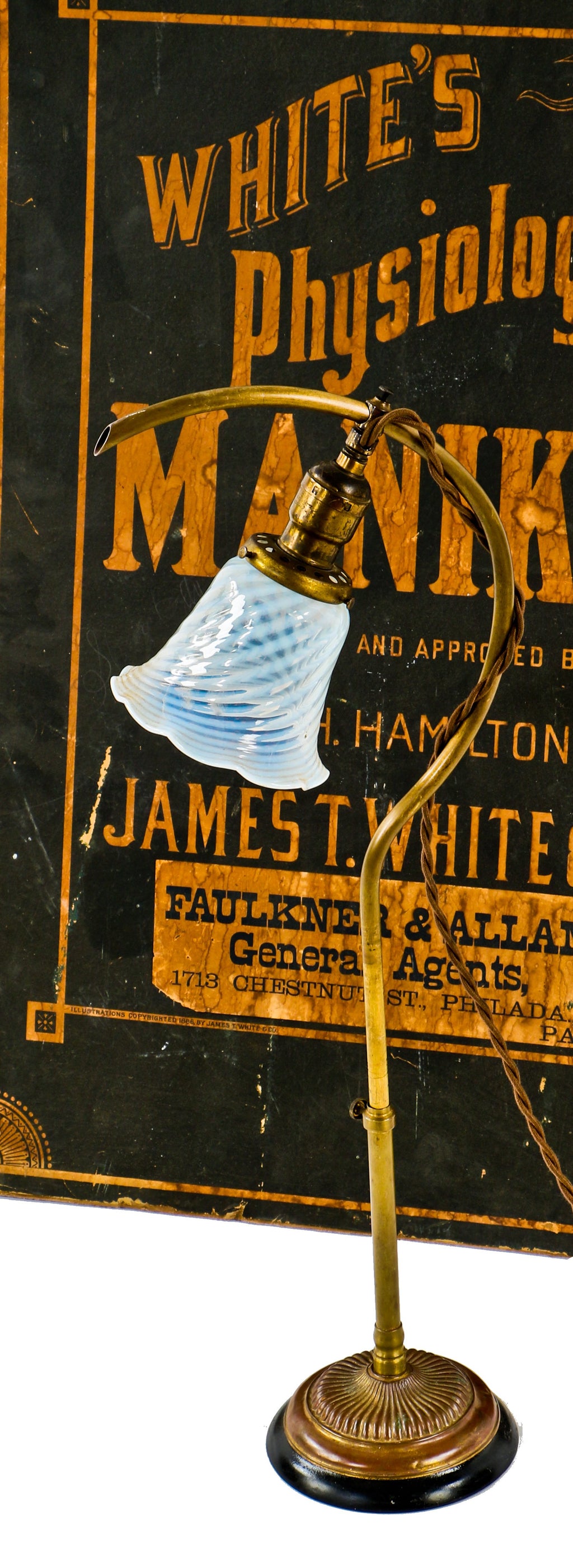 one of several late 19th or early 20th century antique american industrial "faries" c-arm bent tubular brass adjustable factory foreman's office desk light