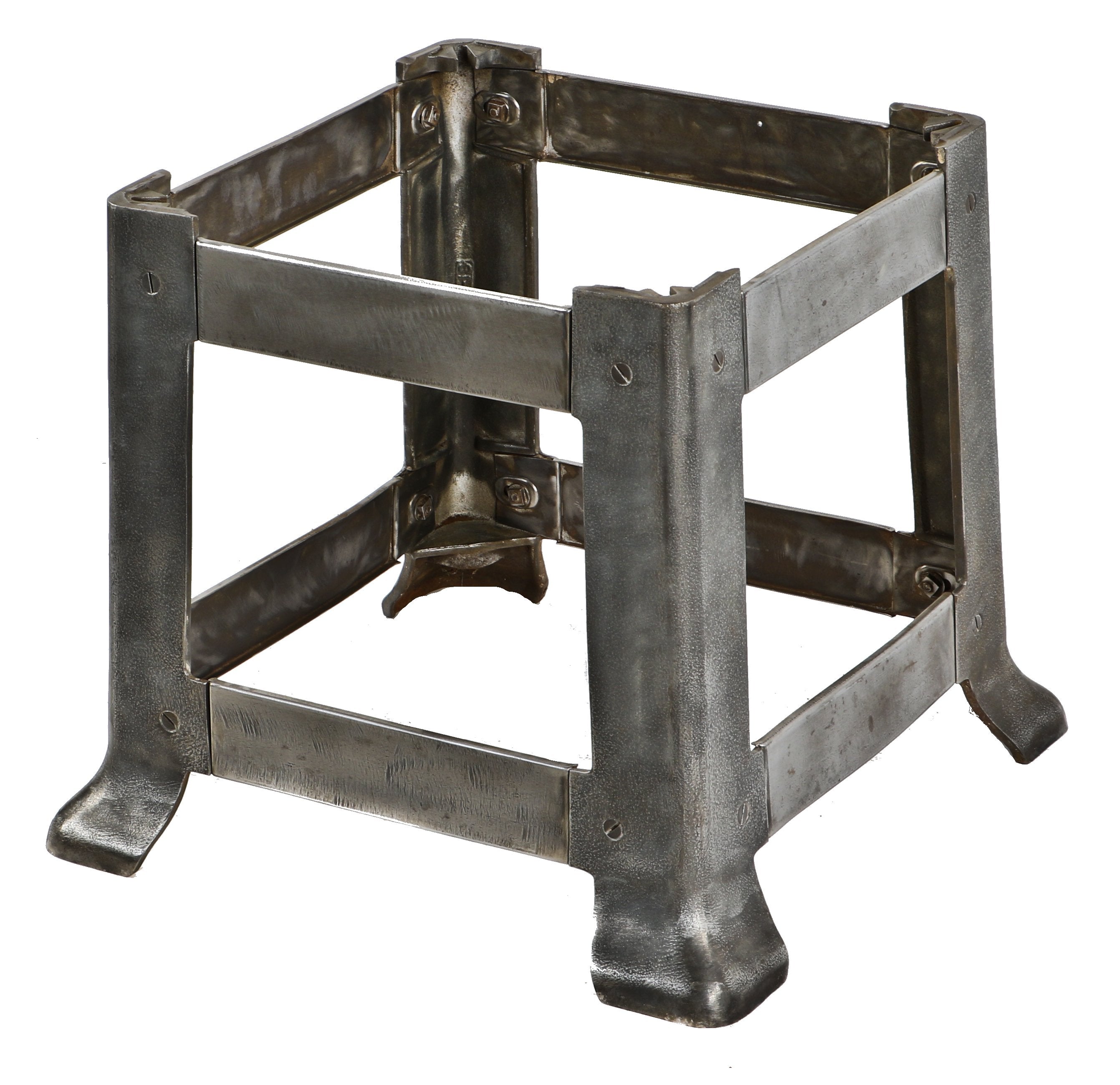 original american depression era industrial chicago factory screw machine equipment four-legged base with a uniform brushed or bare metal finish
