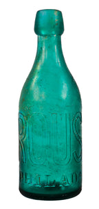 rare original and intact emerald or teal green glass sand pontiled  eugene roussel soda or mineral water bottle with oversized block lettering