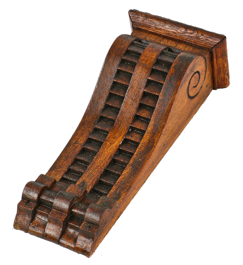 single exterior residential victorian era antique american c. 1884-1889 elaborately caved sold varnished oak wood corbel with incised volutes or scrolls