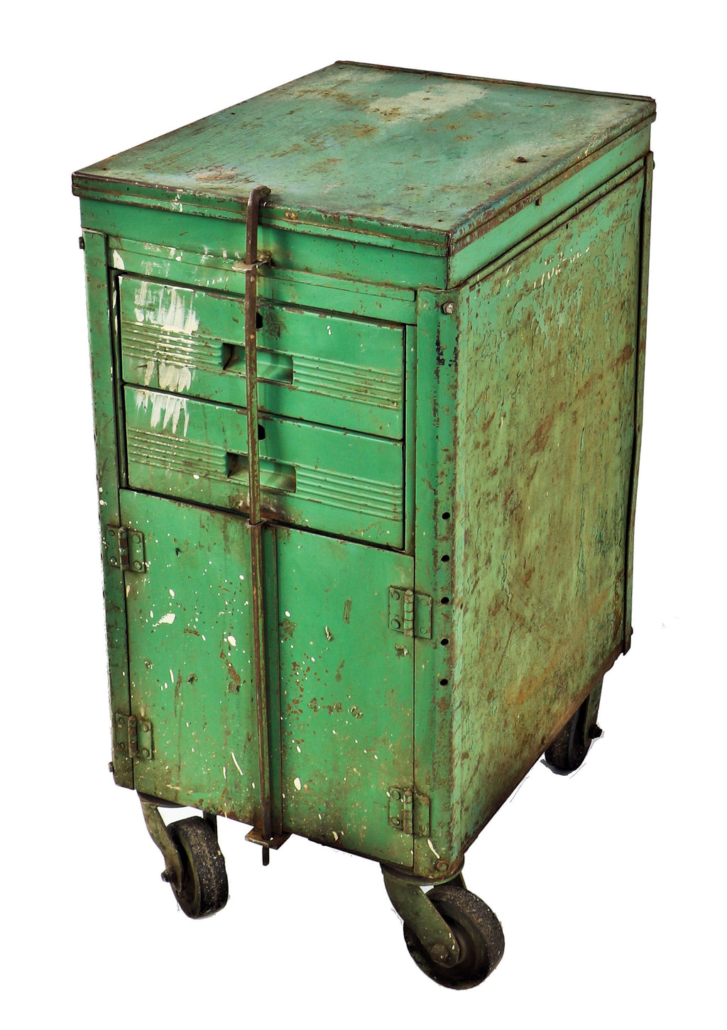 original nicely aged and weathered c. 1940's factory machine shop old green paint lyon tool cabinet or workstation with drawers and hinged doors