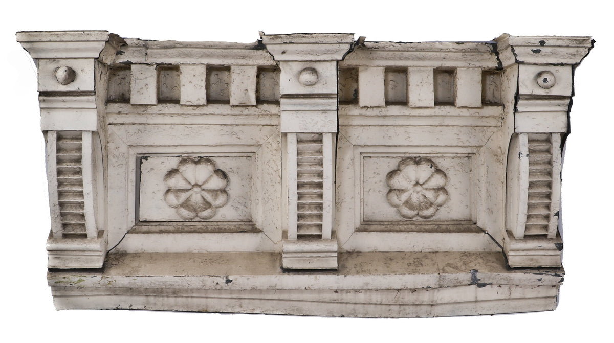 resized c. 1880's victorian era white painted exterior galvanized sheet iron cornice section  with rosettes set within recessed panels