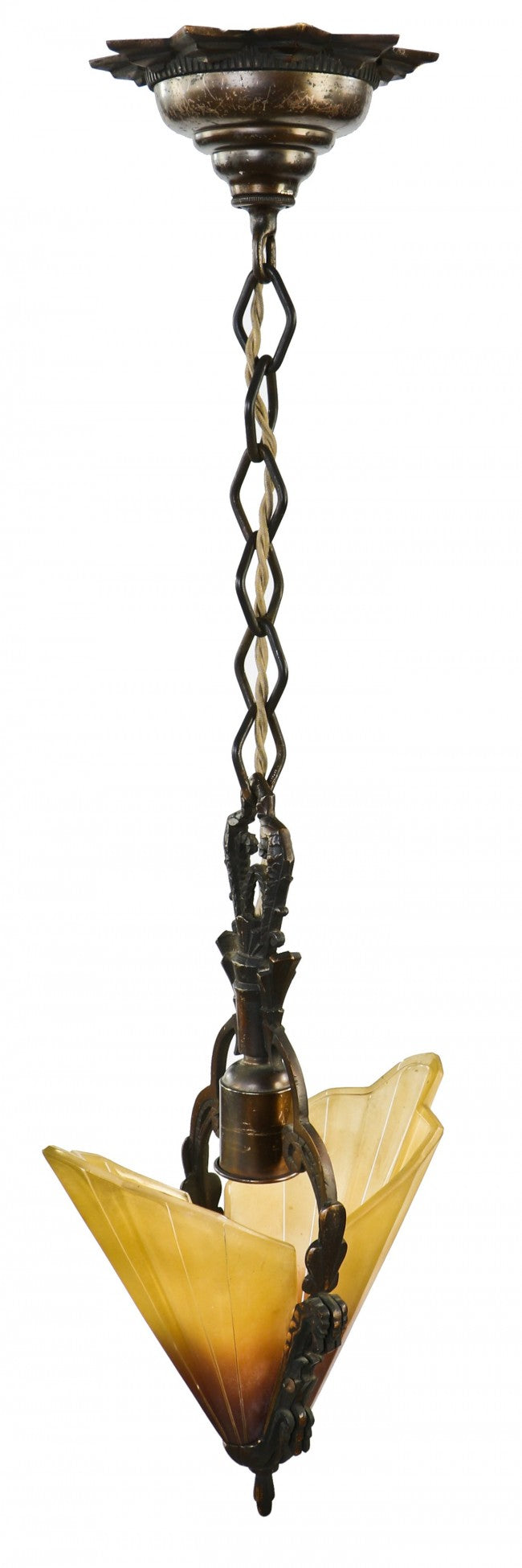 one of three highly desirable c. 1930's american art deco style "soleure" pattern interior residential wall sconce with original bronze-plated shade fitter