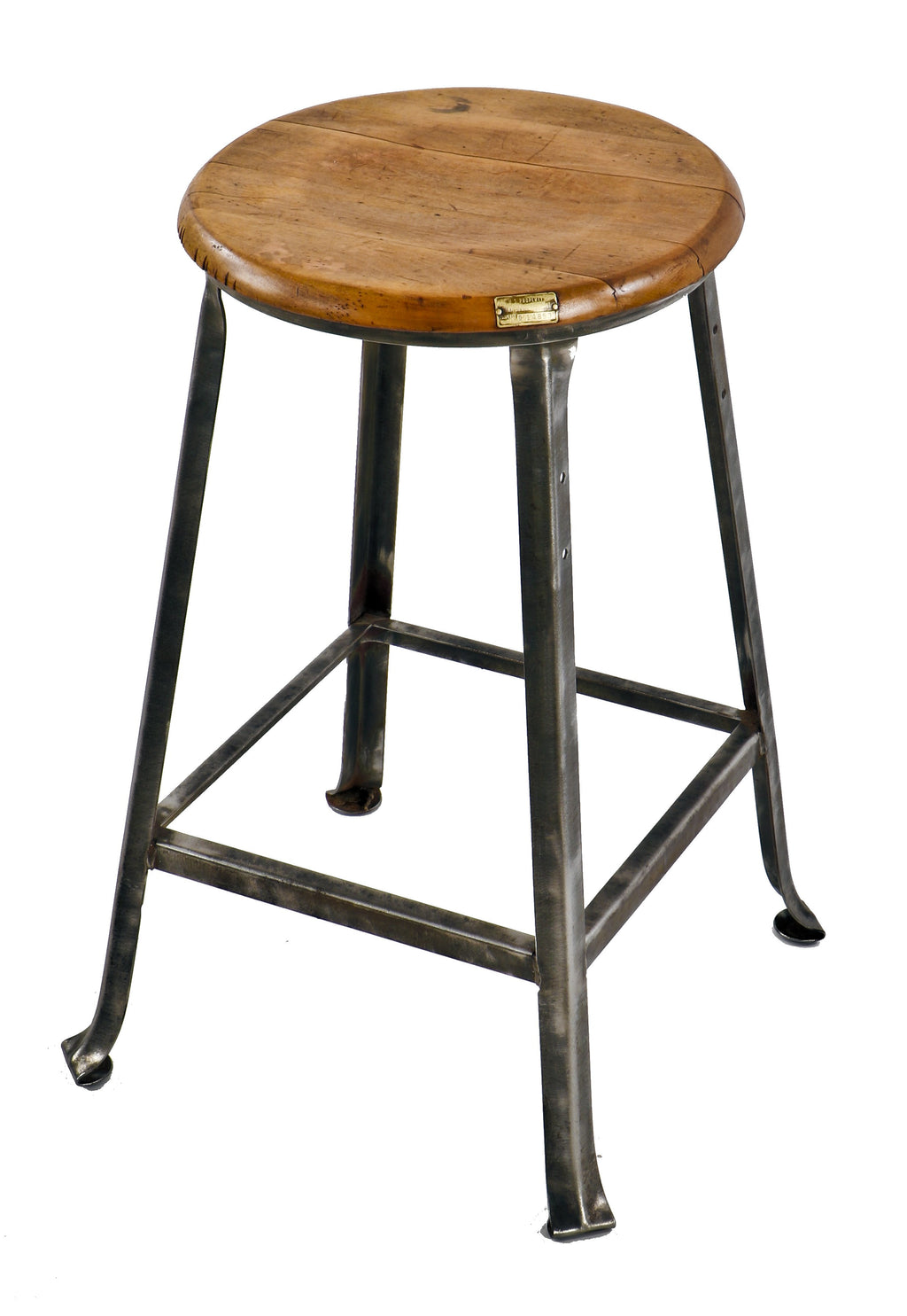early 1940's antique american industrial four-legged riveted joint "war department" munitions plant machinist stool with original riveted brass identification tag