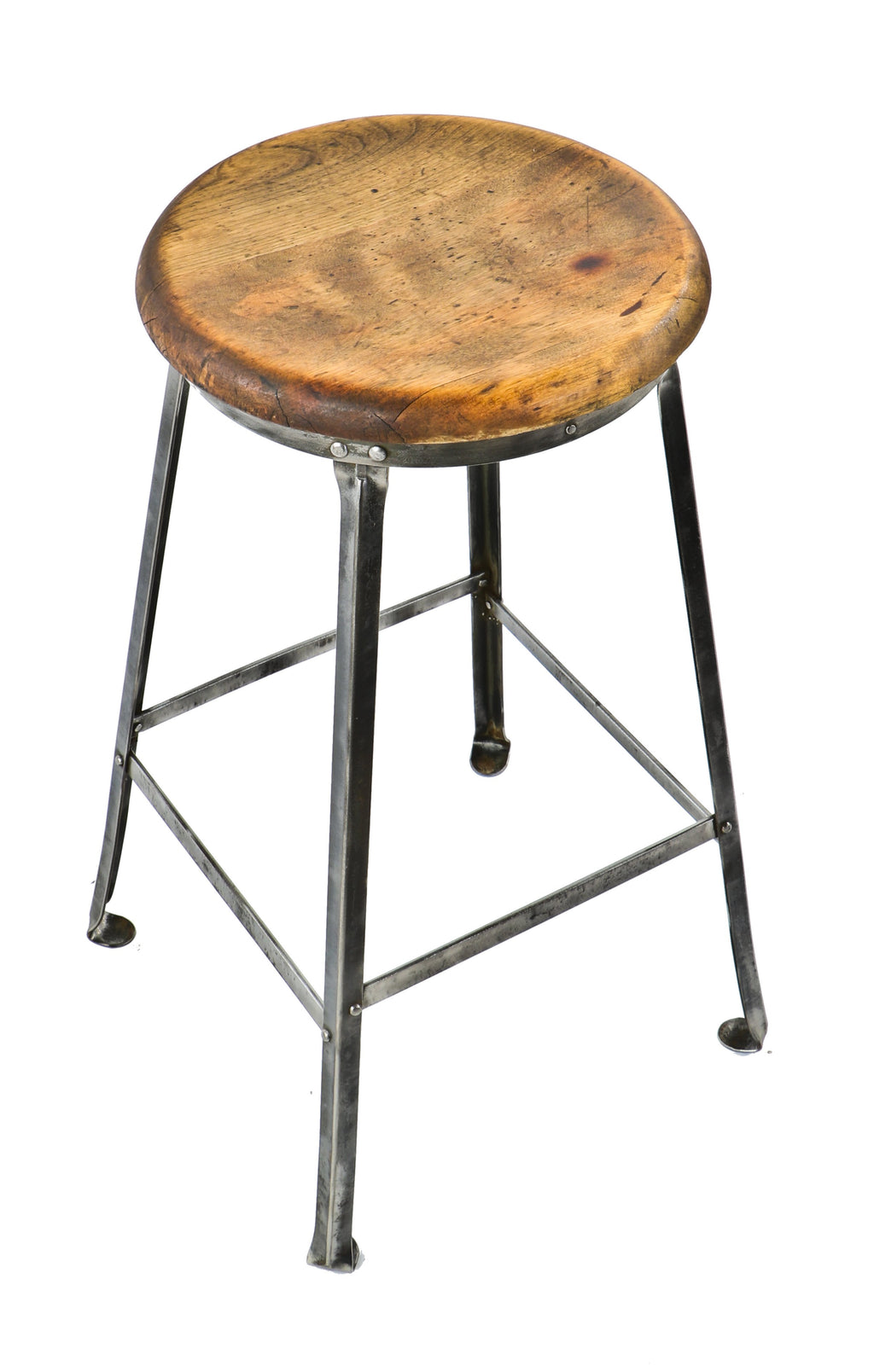 single all original and structurally sound four-legged late 1920's american industrial riveted joint chicago factory machinist stool with brushed metal finish