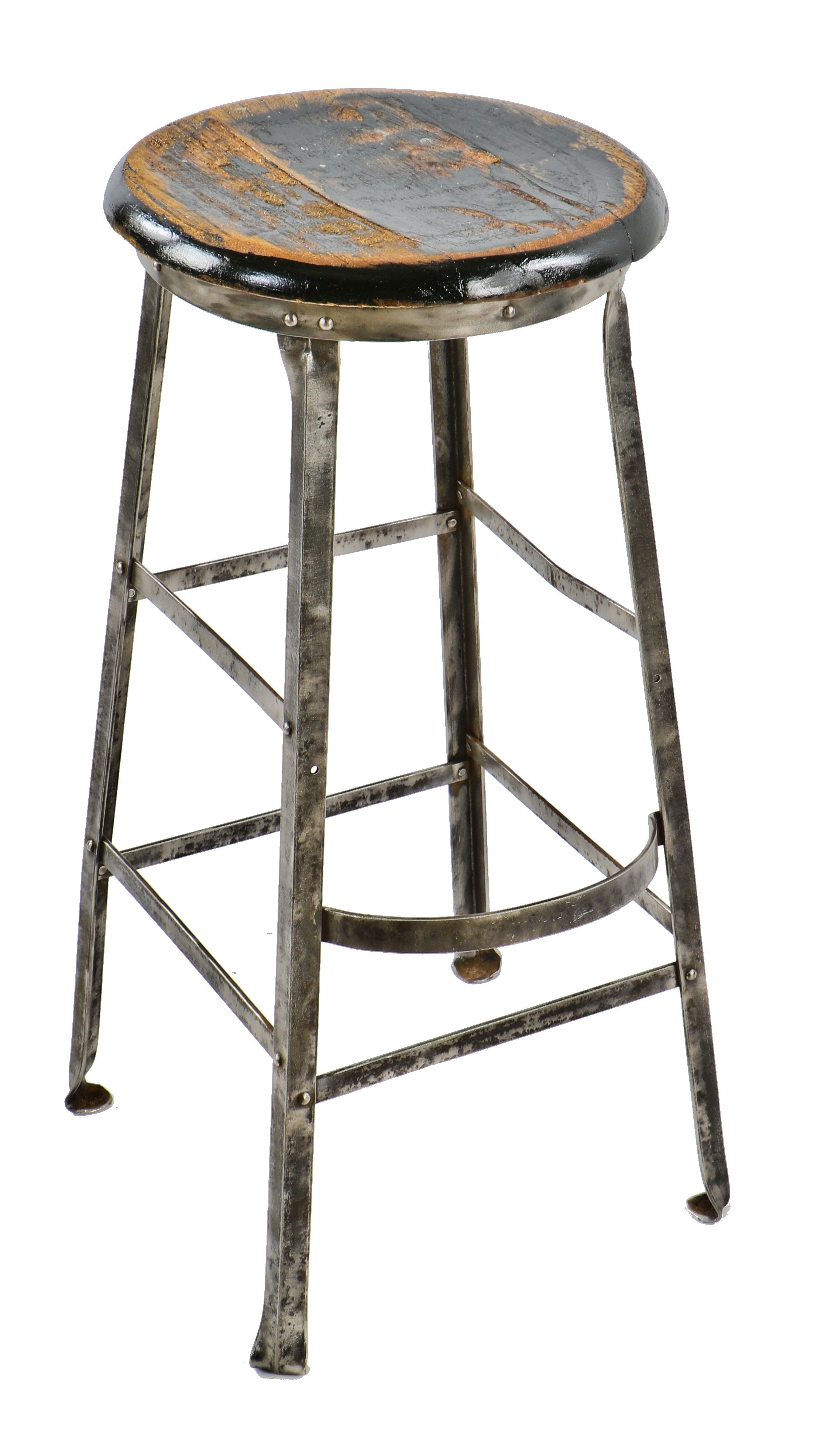 single refinished well-built american industrial riveted joint four-legged stationary factory machinist stool with solid oak wood seat containing original label