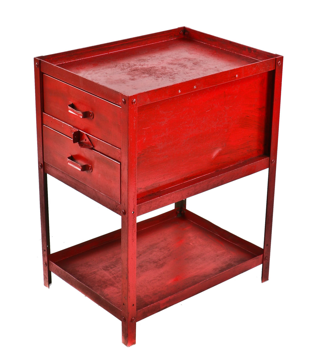 old red painted c. 1950's stationary american industrial pressed and folded steel two-drawer tool stand with spacious undershelf containing raised edges