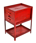 old red painted c. 1950's stationary american industrial pressed and folded steel two-drawer tool stand with spacious undershelf containing raised edges