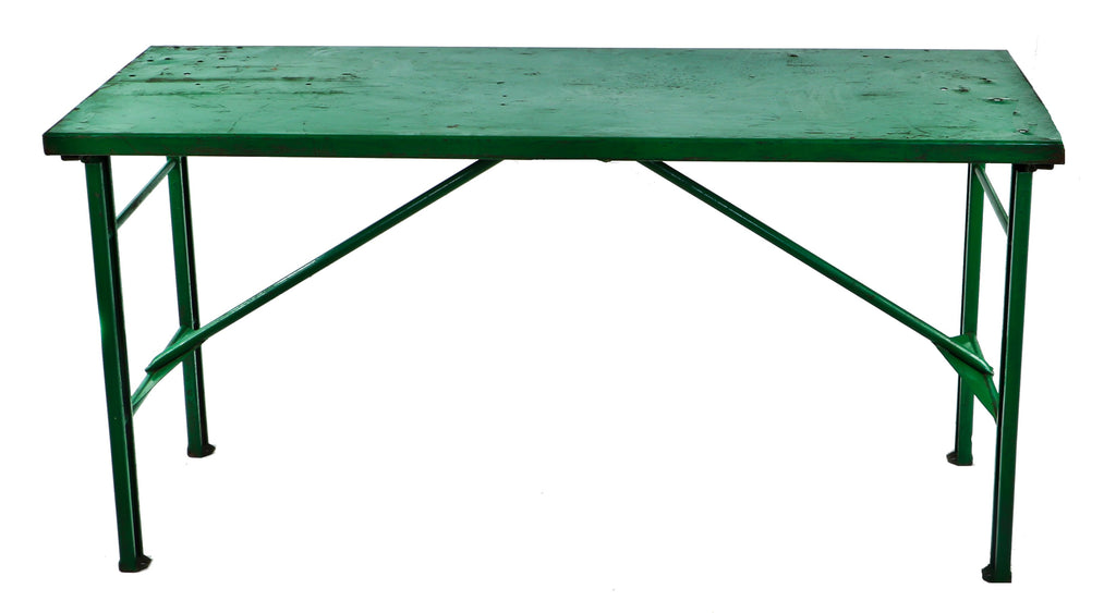 c. 1940's original vintage american industrial heavy duty collapsible and/or folding lyon steel workbench with multiple stretchers and an old green paint finish