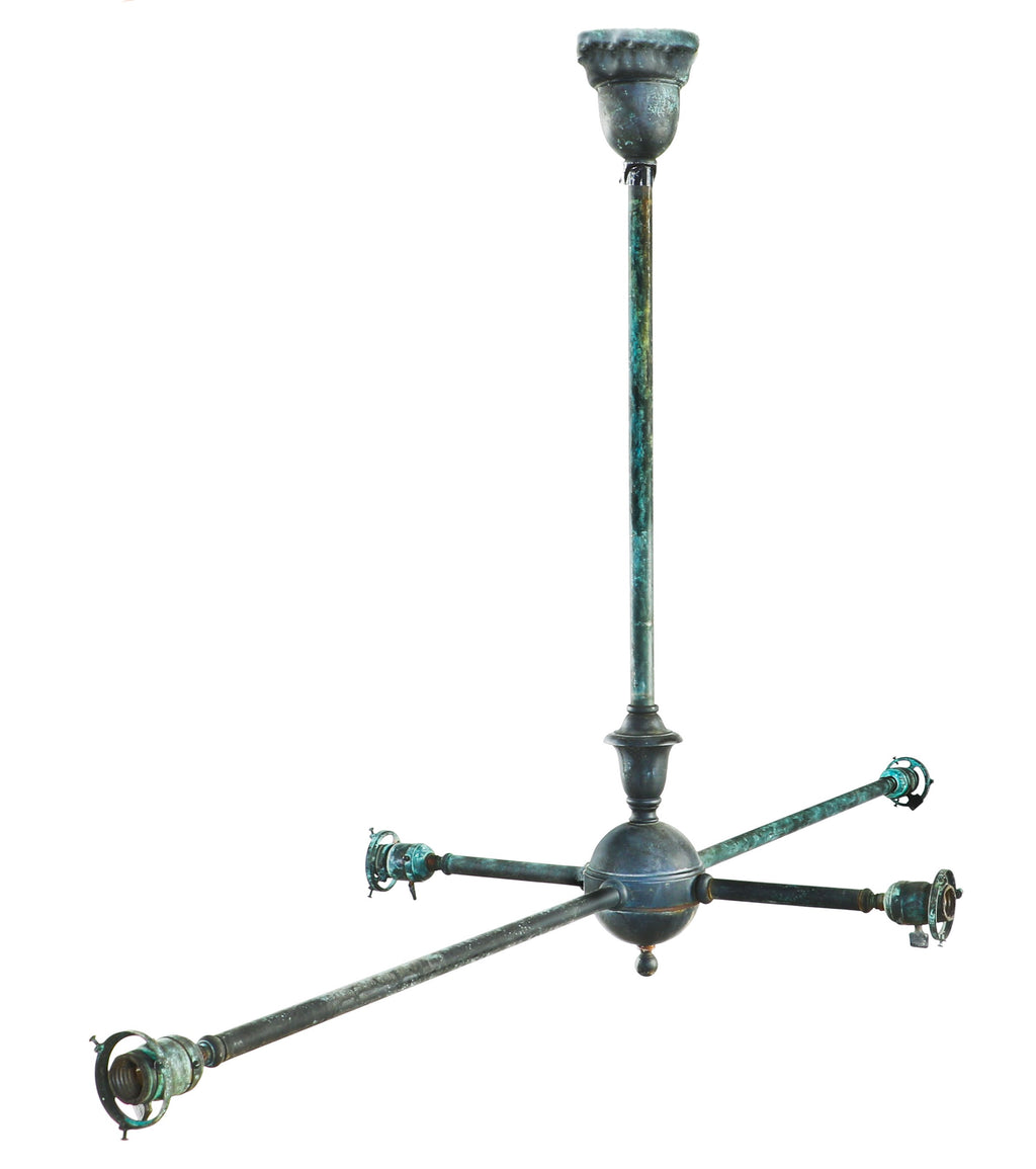 rare and highly sought after nicely aged oversized c. 1905-1910 interior chicago dry goods store 4-arm tubular brass ceiling fixture with original canopy and mica sockets