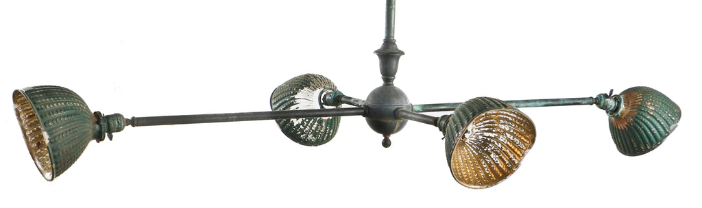rare and highly sought after nicely aged oversized c. 1905-1910 interior chicago dry goods store 4-arm tubular brass ceiling fixture with original canopy and mica sockets