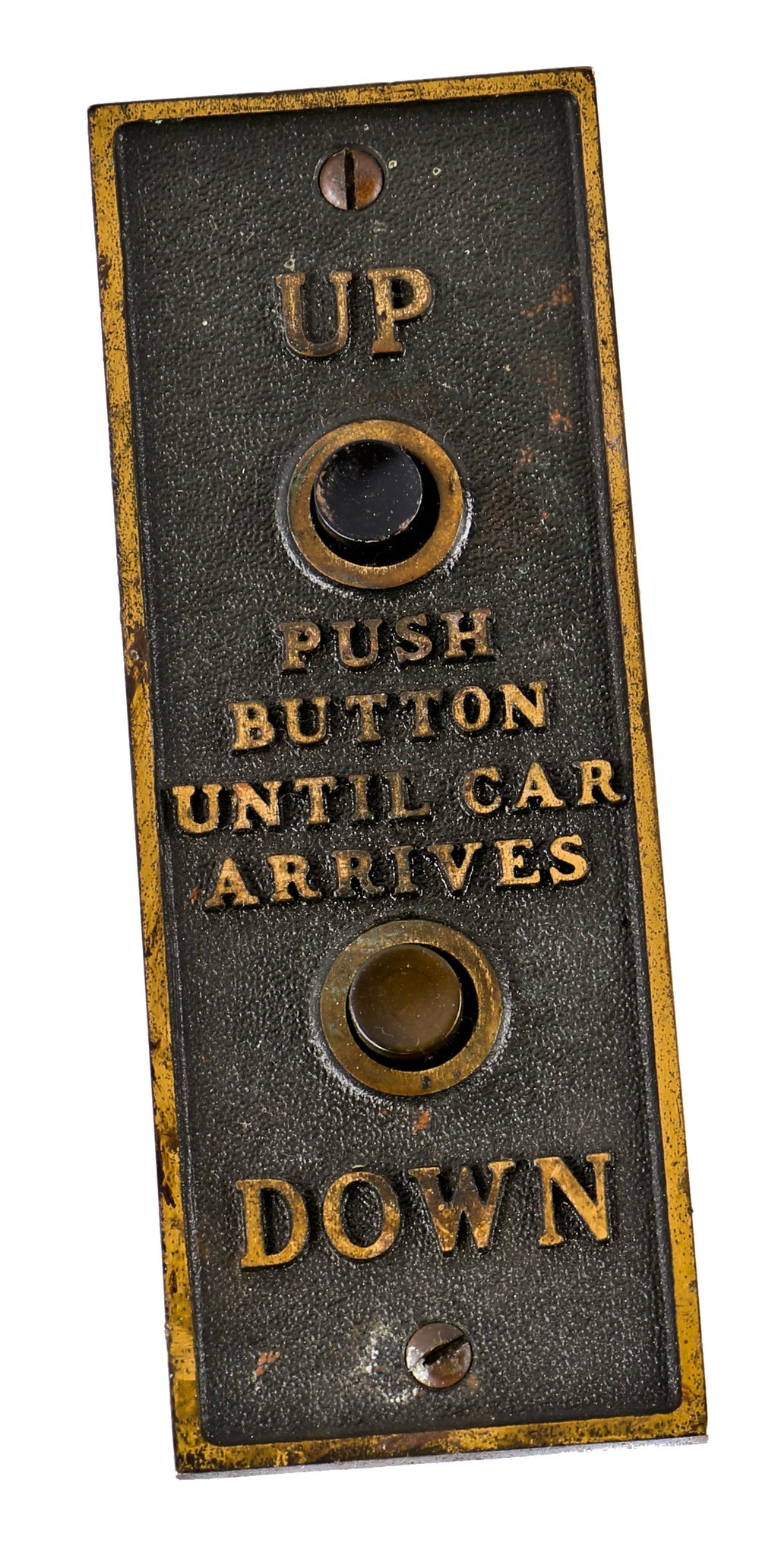 c. 1920's heavy cast bronze single-sided antique american flush mount chicago hotel service elevator push button "up" and "down" cab call plaque with original black enameled inlay