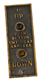 c. 1920's heavy cast bronze single-sided antique american flush mount chicago hotel service elevator push button "up" and "down" cab call plaque with original black enameled inlay
